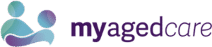 Logo for myagedcare featuring two abstract human figures in gradient shades of blue and purple on the left, with the text myagedcare in purple to the right.