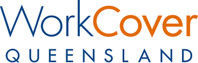 The image shows the logo for WorkCover Queensland, with WorkCover in large blue and orange text above QUEENSLAND in smaller blue capital letters.